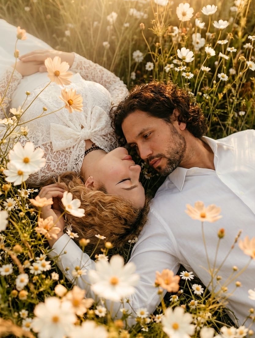 María y James recostados entre flores